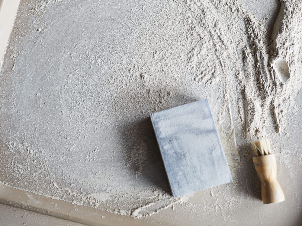 Top view background of ceramist workplace in pottery workshop, copy space